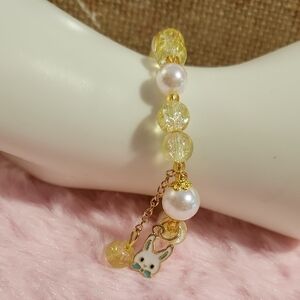 Handmade Yellow Citrine White Pearl Beaded Bracelet with Bunny Easter Charm